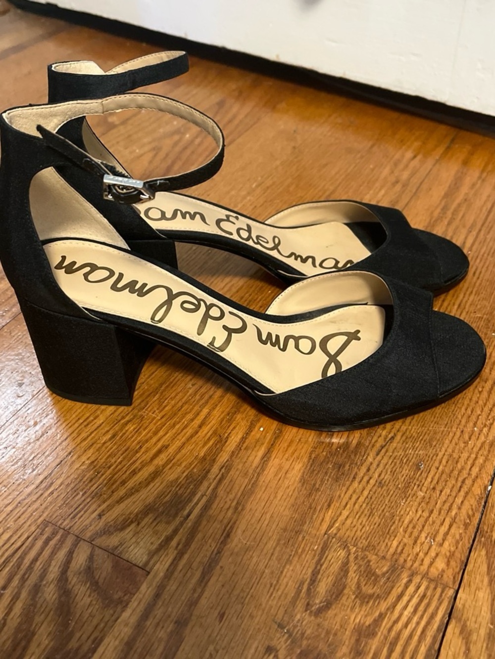 SAM. Black Suede Block Heel Ankle Strap Sandals